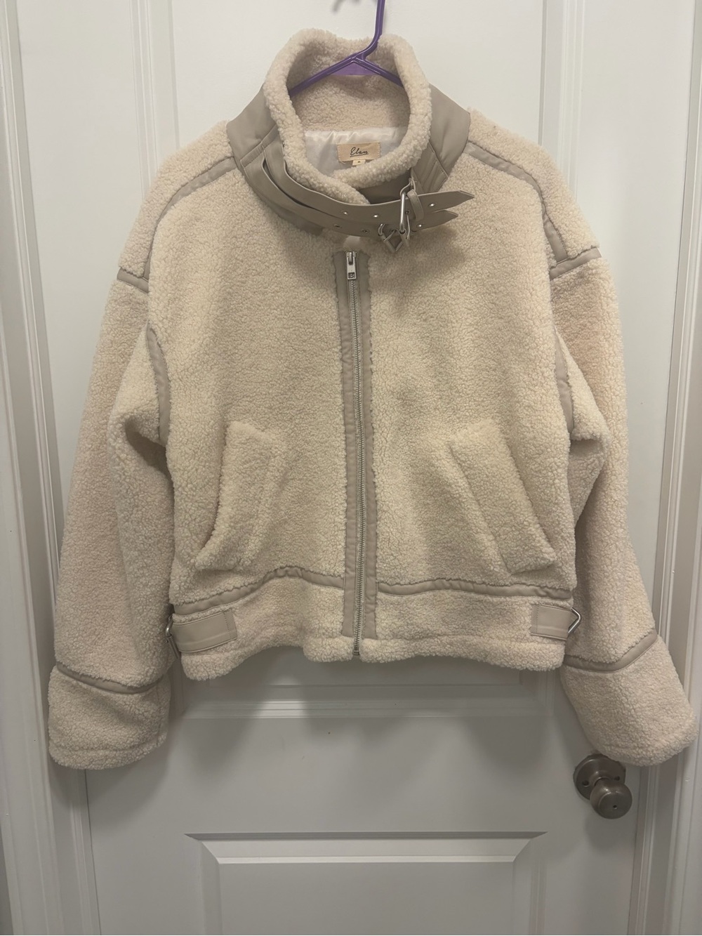 Elan Ivory Full Zip Jacket Belted Collar Sherpa Short Women’s Size S